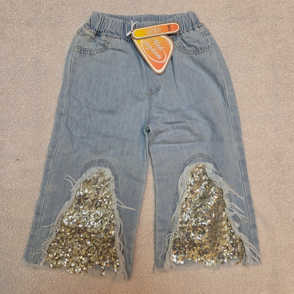 Mud Kingdom Girls Light Wash Sequin Distressed Wide Leg Denim Jeans Size 120
